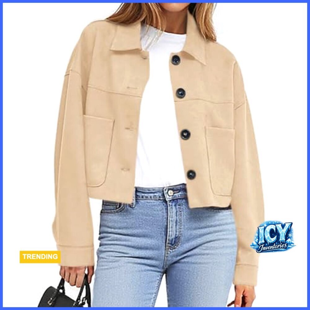 Faux Suede Cropped Jacket Lightweight Casual Fall Winter Outerwear - Picture 2 of 7